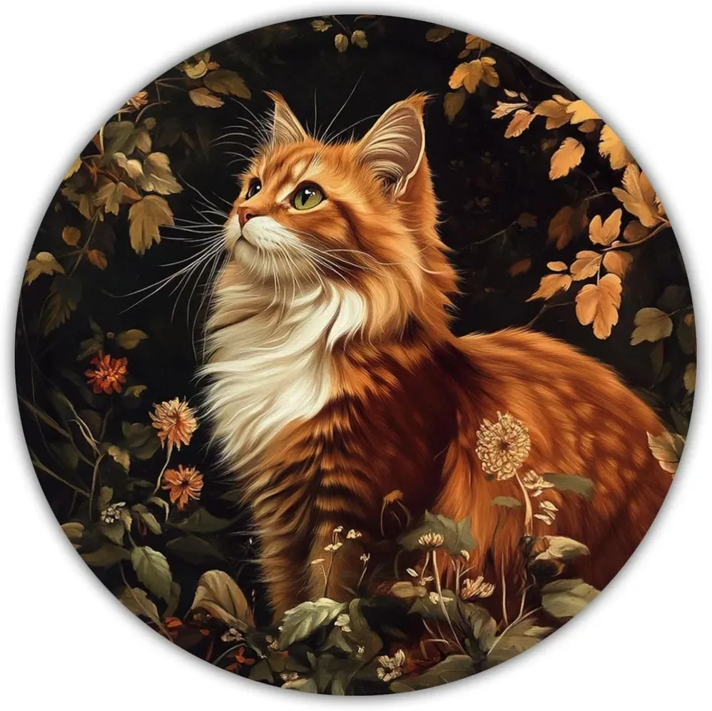 

Retro Beach Design: Round Tin Sign with Cat and Flowers