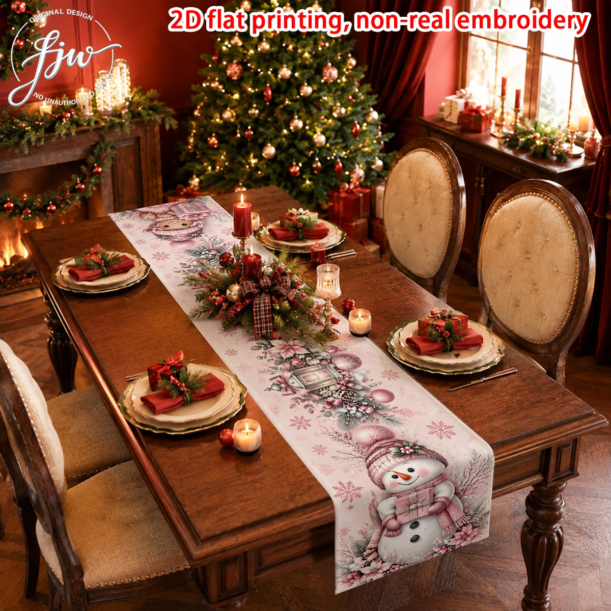 1pc Christmas Table Runner, 2D Flat Printed Winter Holiday Dining Table Decor for Home Kitchen Party
