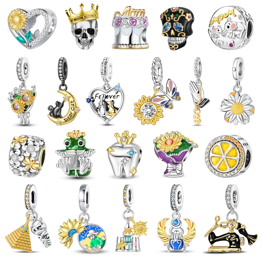 

Лидер продаж, стерлинговое серебро 925 пробы, бусины с подсолнухом и жук, подвеска, подходит для браслета в виде змеи, бутиковое ожерелье, золотой кулон, подарок