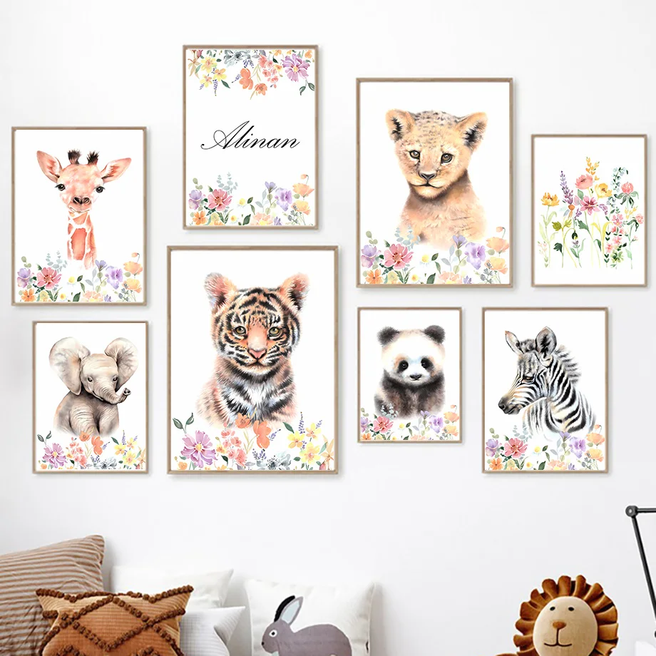 Custom Name Tiger Panda Elephant Giraffe Nursery Wall Art Diamond Painting Posters And Prints Pictures Baby Kids Room Decor