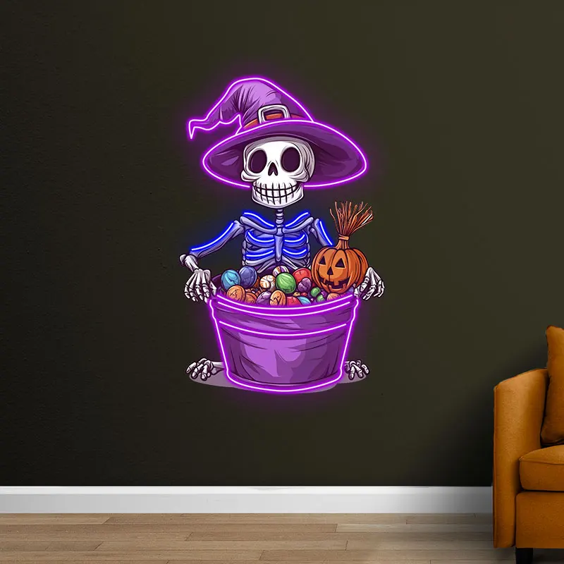 Skeleton with Candy Neon Light Sign, Fun & Spooky Halloween Design with Witch Hat & Pumpkin, Perfect for Party & Trick-or-Treat