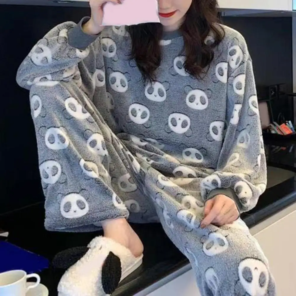 1 Set Women Pajama Set Cartoon Pattern Coral Fleece Lady Sleepwear Set Thickened Cartoon Sleepwear Women Clothes