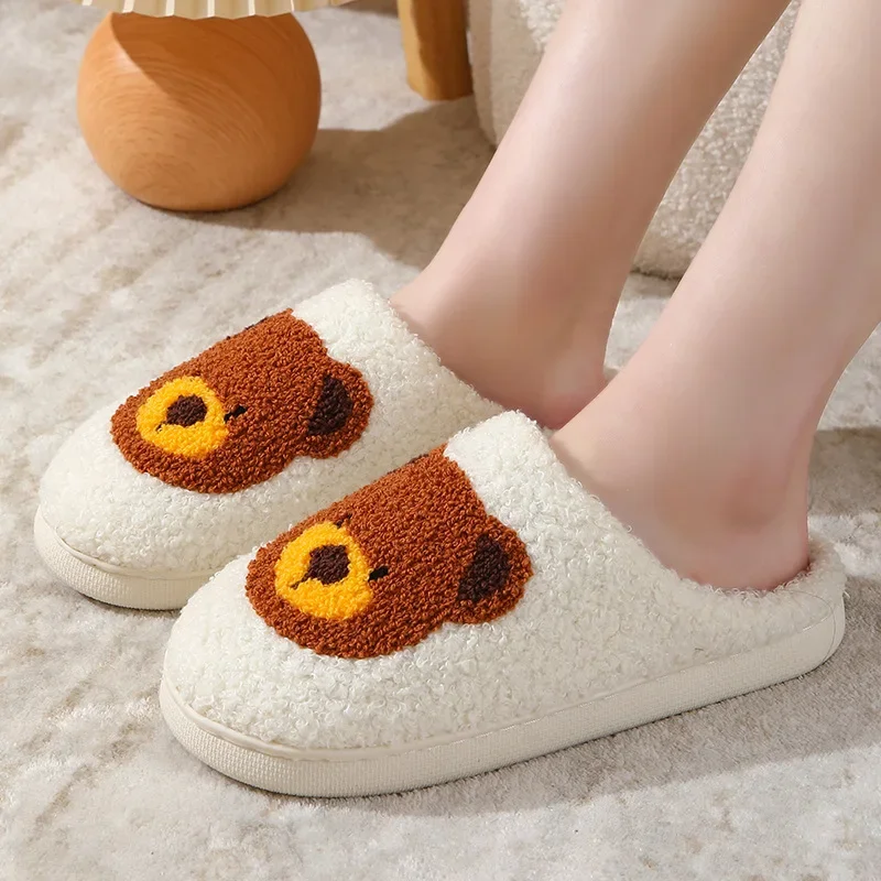 Furry Cotton Embroidery Bear Winter Slippers for Woman Indoor House Soft Sole Plush Slides Couples Home Bedroom Slippers Shoes