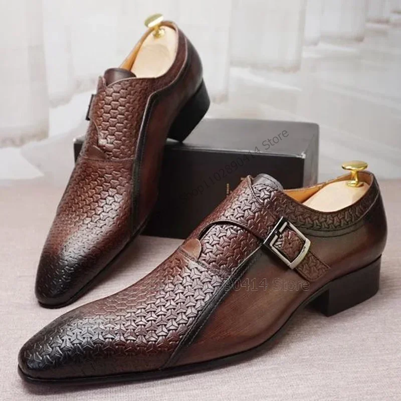 Brown Black Alligator Print Buckle Decor Men Derby Shoes Fashion Slip On Male Shoes Luxury Handmade Party Office Men Dress Shoes - view 6