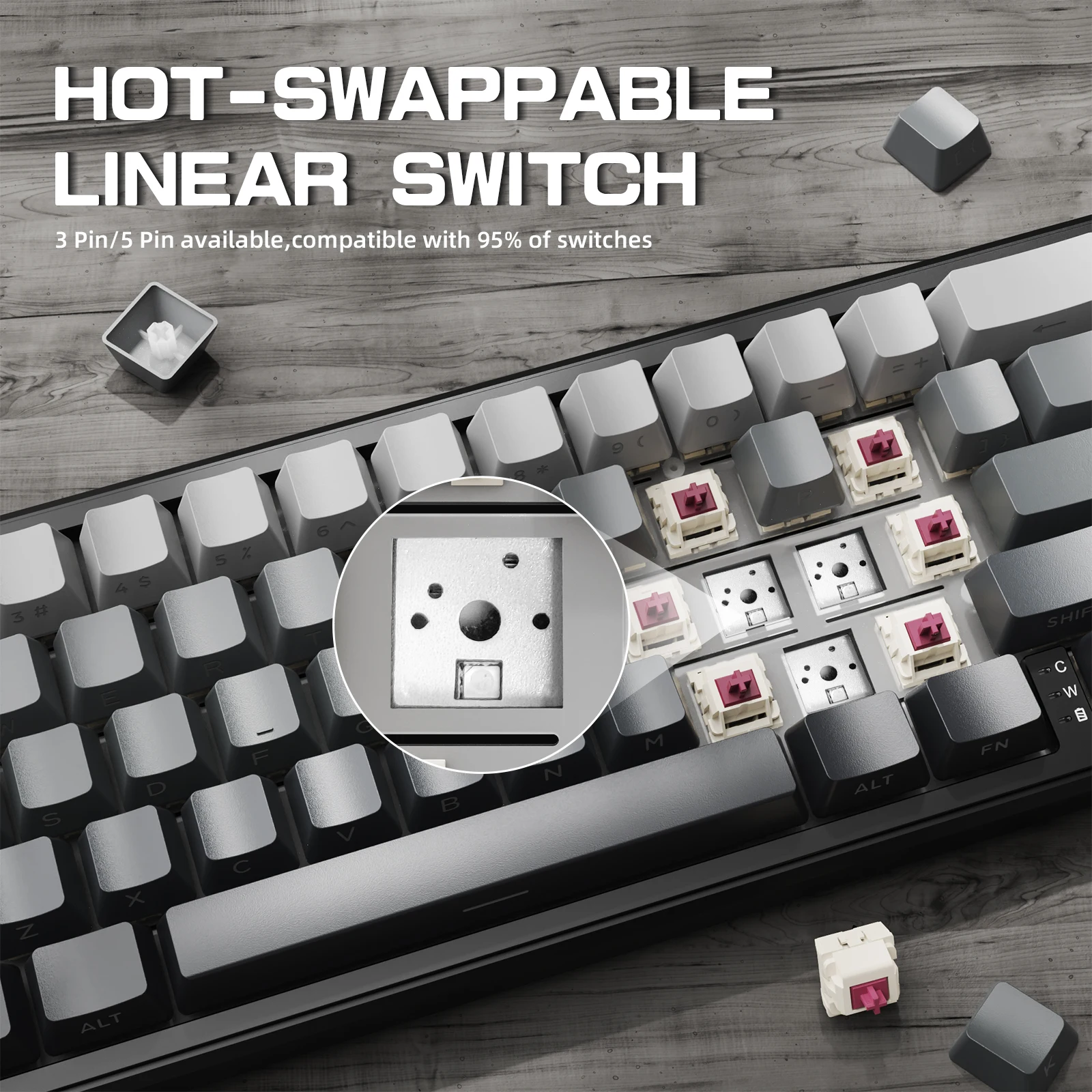 ATTACK SHARK X66 60% Teclado mecânico sem fio para jogos com botão, teclado personalizado permutável a quente com junta de 3 modos e cabo enrolado