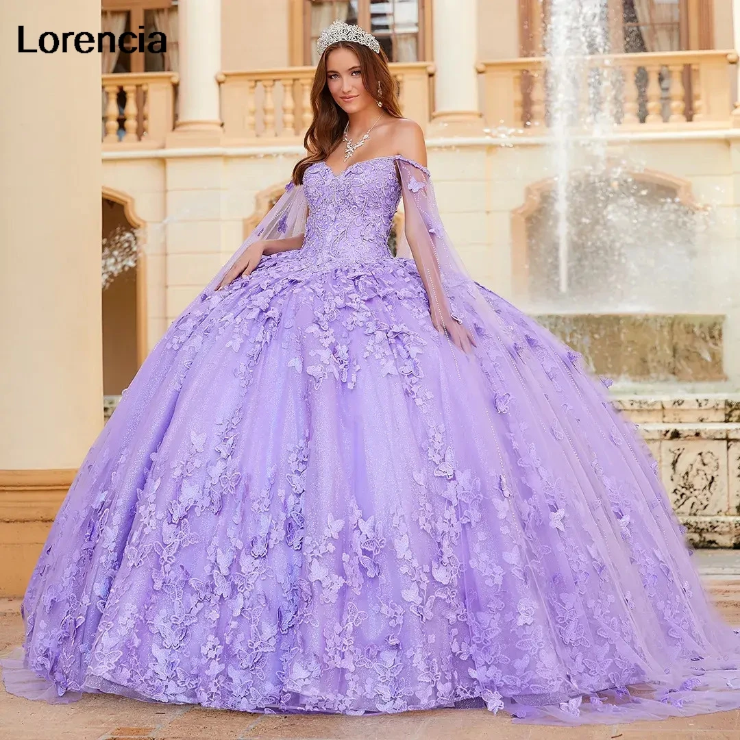 

Lorencia Lavender Quinceanera Dress Ball Gown Lace Applique Butterfly Beaded With Cape Sweet 16 Vestidos De 15 Años YQD787