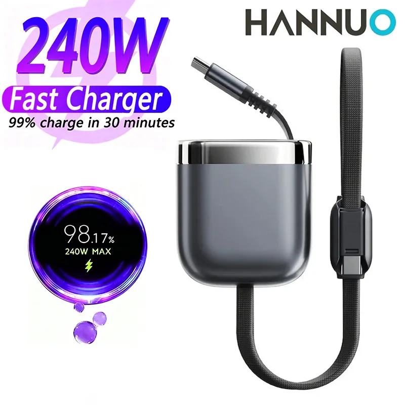240W Retractable Fast Charging Cable USB C To C Auto Coiling for Travel Charging Phone Tablet Laptop for IPhone Samsung Huawei
