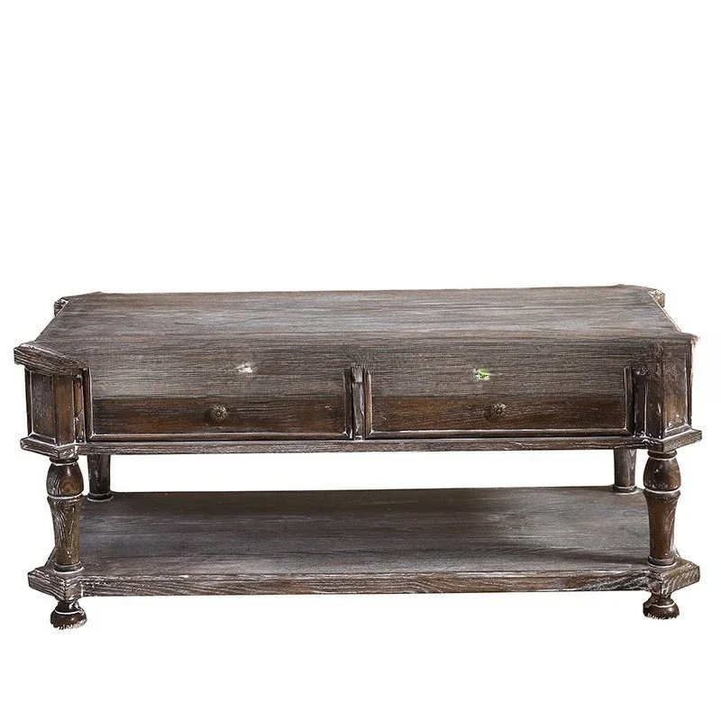 

American solid wood coffee table, living room oak old carved storage square, coffee table retro, tea table