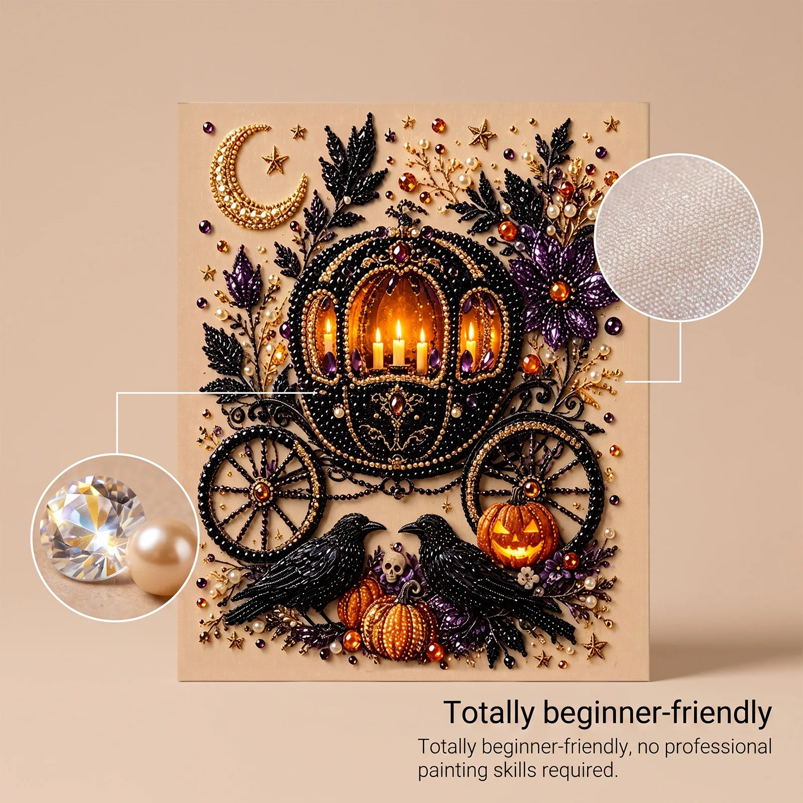 Dowmoo Leinwand Halloween Diamant-Kunst-Set Nano Perlglanz-Stoff Holz Acryl Glänzend Weich Robust Stressabbau Lebendiges Bastelset – Detail 5