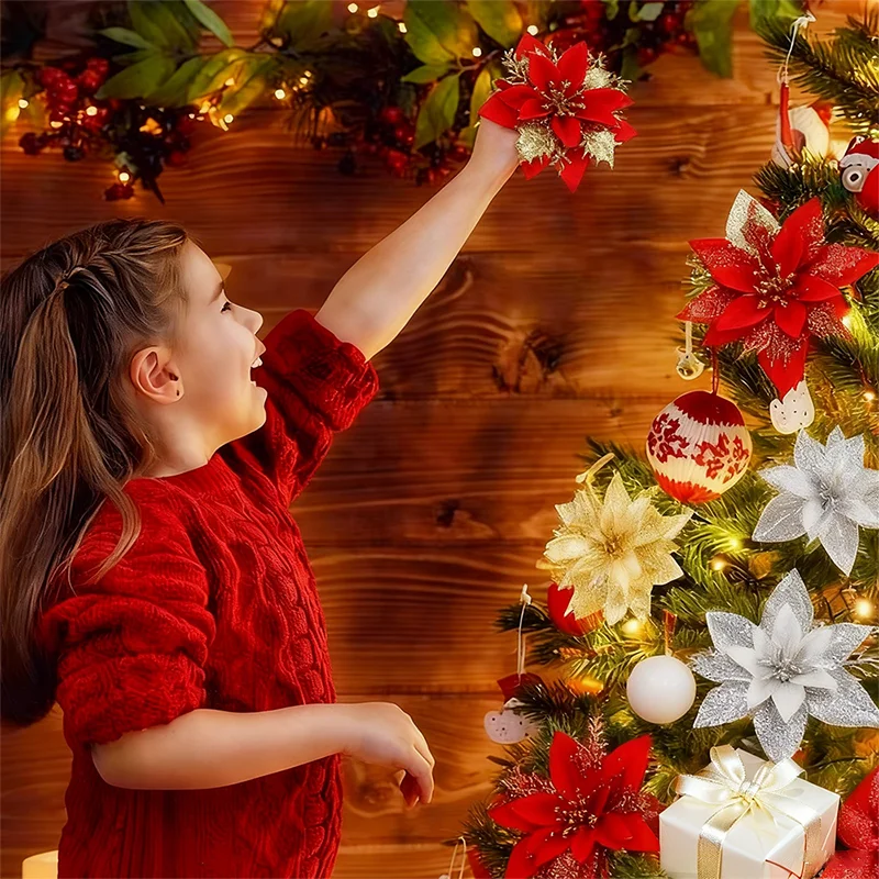 

6pcs Christmas Glitter Berries Flower DIY Decor Artificial Red Gold Silvery Decoration For 2025 New Year Xmas Tree Home Table