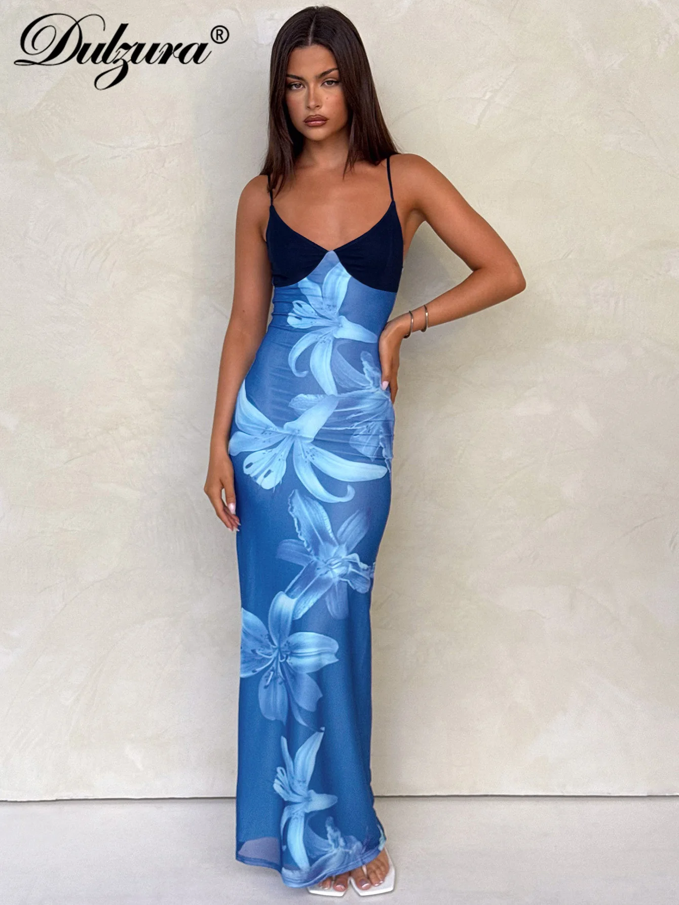 Dulzura sans manches dos nu moulante Patchwork imprimé maille Cami longue robe Sexy élégant décontracté robe Maxi fête Club tenue d'été