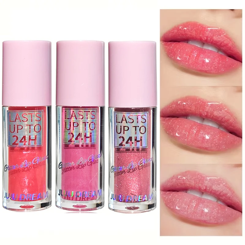 مجموعة ملمع الشفاه الثلاثي مكونة من 3 قطع - ملمع شفاه لامع ومرطب يدوم طويلاً وملمع شفاه ملون باللون الوردي والخوخي (مجموعة هدايا)