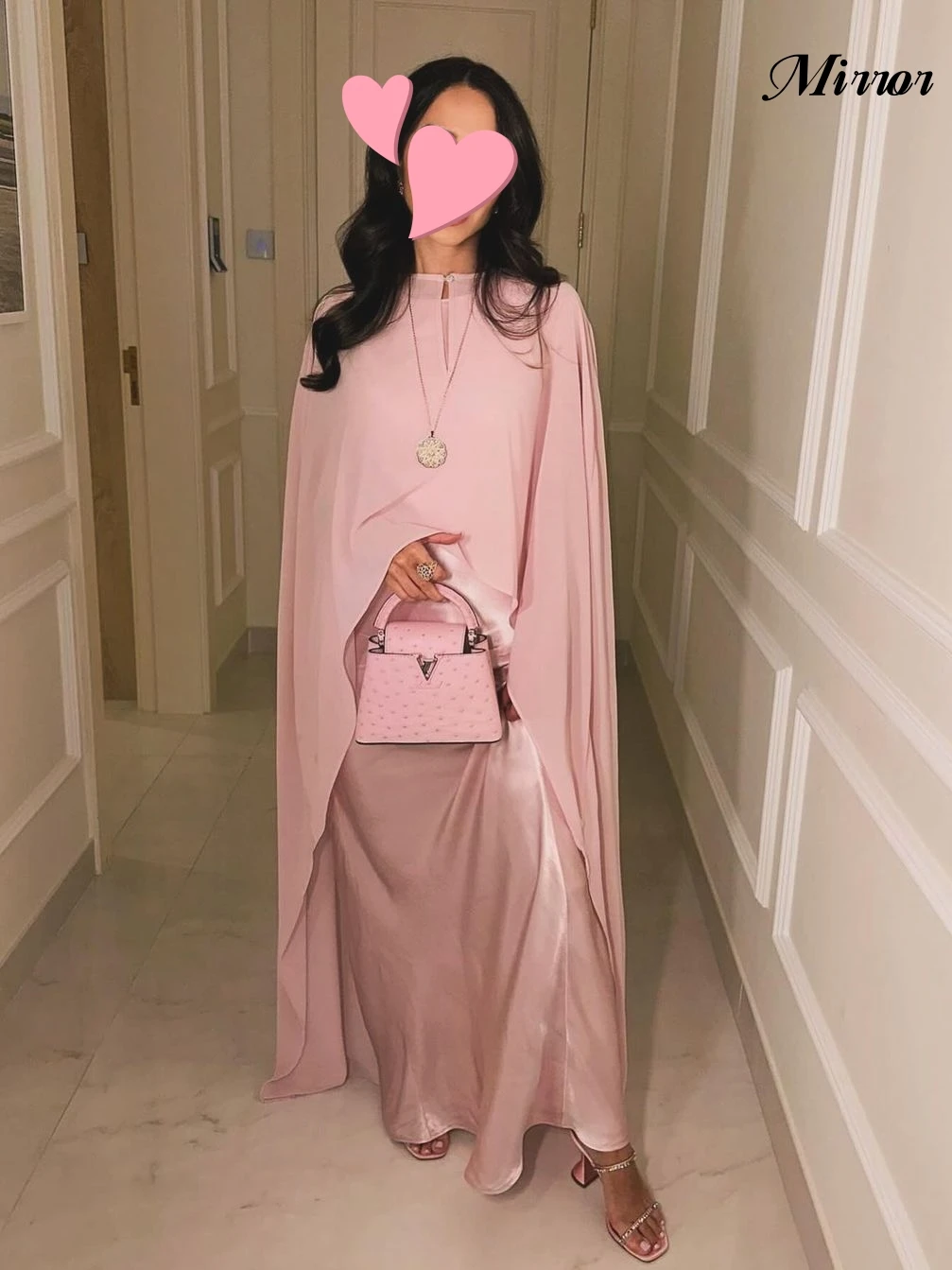 

Mirror Dress Elegant Vintage Sweet Pink Silky Simple Cape Satin Chiffon Customize Formal Occasion Prom Dress Evening Party Gowns