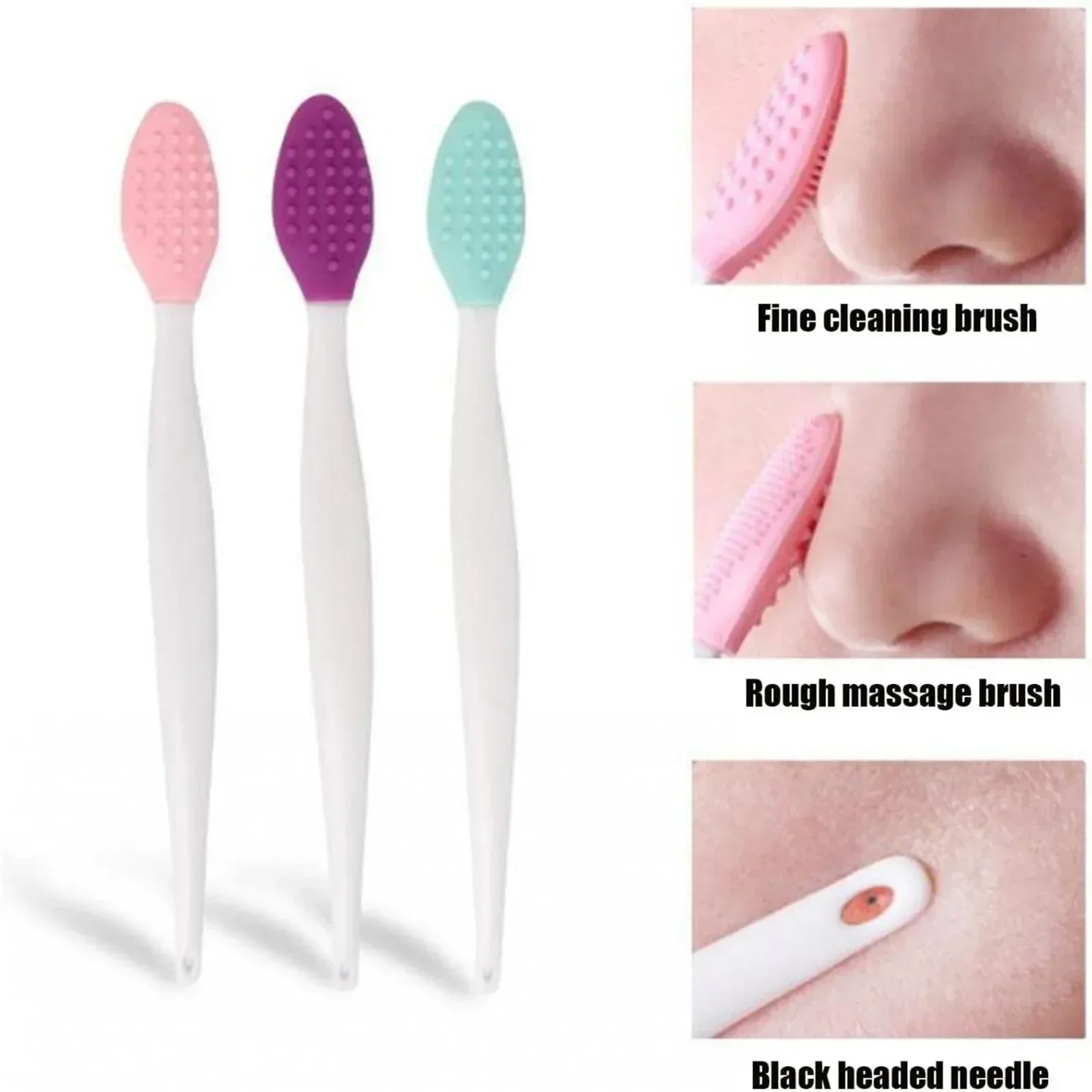 3PC Skin Care Lip Exfoliating Facial Cleansing Face Scrub Nose Clean Brush Blackhead Remove Silicone Double-Sided Skin Care Tool