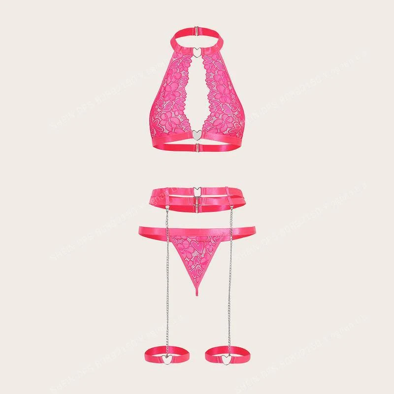 

Женское кружевное белье: боди с металлической цепочкой-подвеской, поясом для чулок и креплением на шею, для сна и костюмированных образов