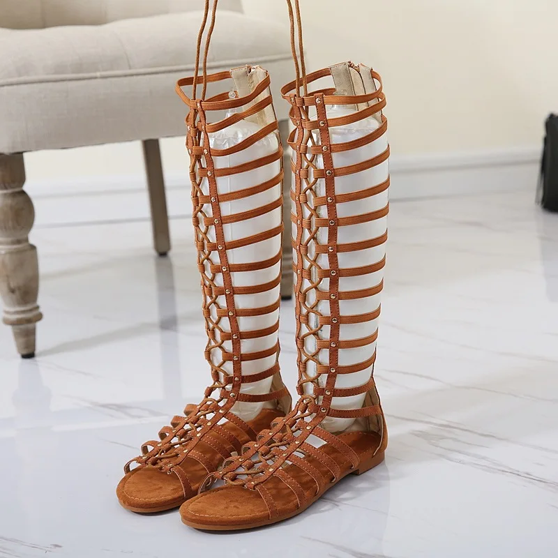 여성 샌들 끈 오픈 발가락 무릎 높은 여름 검투사 플랫 샌들 로마 붕대 캐주얼 부츠 shoeskf65 