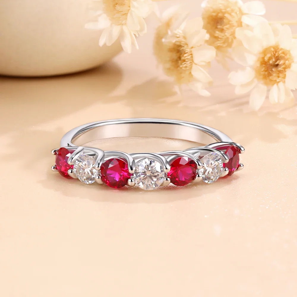 

Linkerlove Half Eternity Sapphire/Emerald/Ruby Wedding Band Lab Created Gemstone S925 Sterling Silver Moissanite Engagement Ring