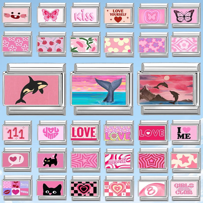Fashion 2025 Romantic Pink Skys Blue Sea Dolphin Shark Italian Charm Fit 9MM Stainless Steel Bracelet Women Men DIY Jewelry Gift