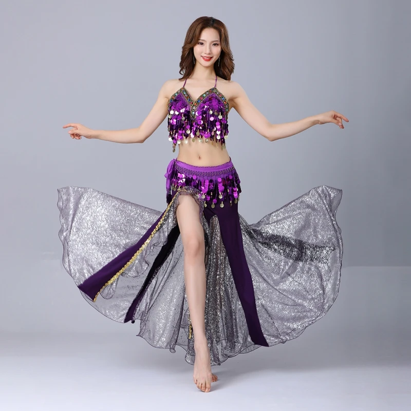 3pcs Set Women Bra Top + Skirt + Waist Chain Adult Lady Belly Dance Costume Stage Performance Belt Skirt Bellydancing Wear