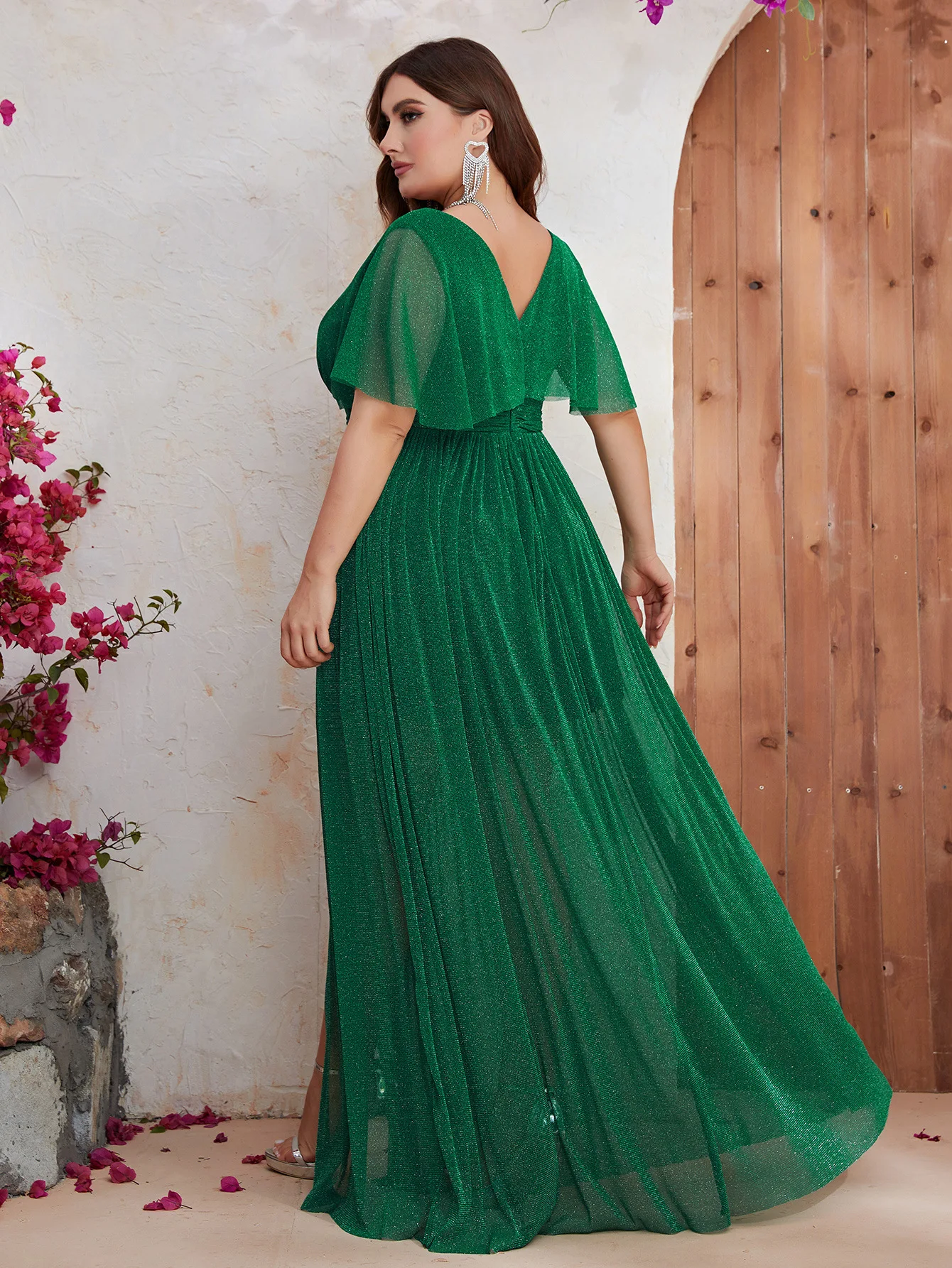 Plus Size Party Dresses Women Cross-border Large Size Evening Dress With Bat Sleeves Small V-neck Green Elegant Long Slit Dress