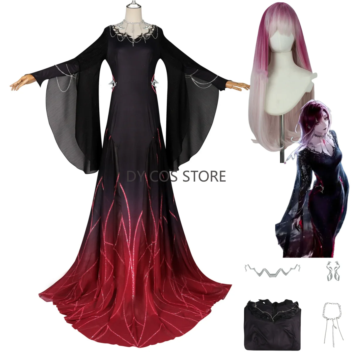 

Game Path To Nowhere Shalom Cosplay Costume Black Red Tight Fishtail Skirt Evening Dress Wig Woman Sexy Masquerade Suit