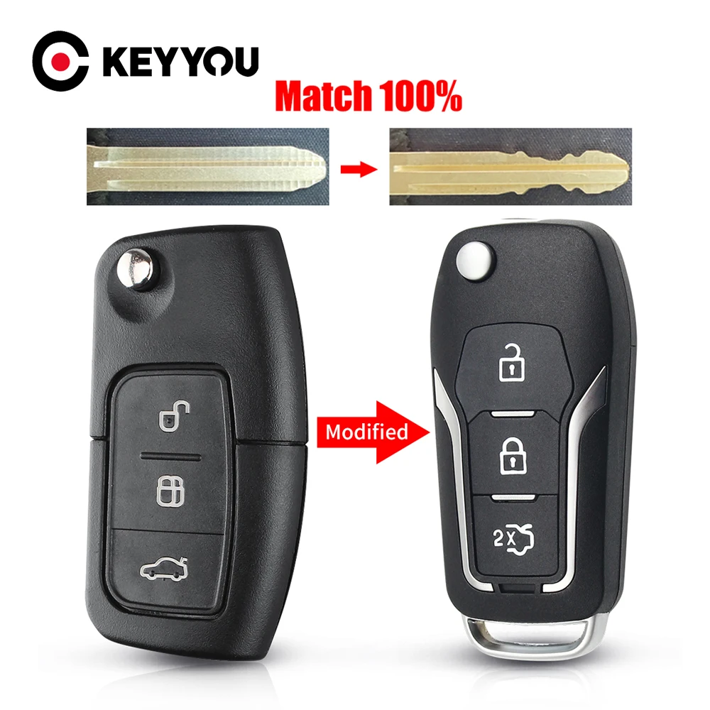 KEYYOU-Modificado dobrar Shell chave remoto com serviço de corte, 3 Botão Caso Fob para Ford Focus Mondeo C Max S Max Galaxy Fiesta