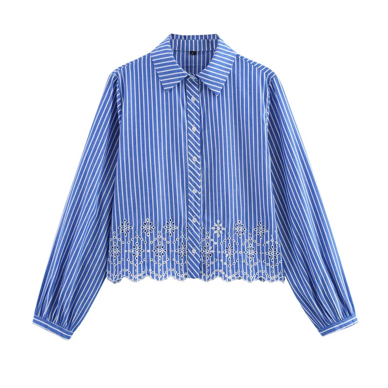 

Spring Summer New Fashion Women's Casual Hollow Embroidered Striped Shirt 3897056