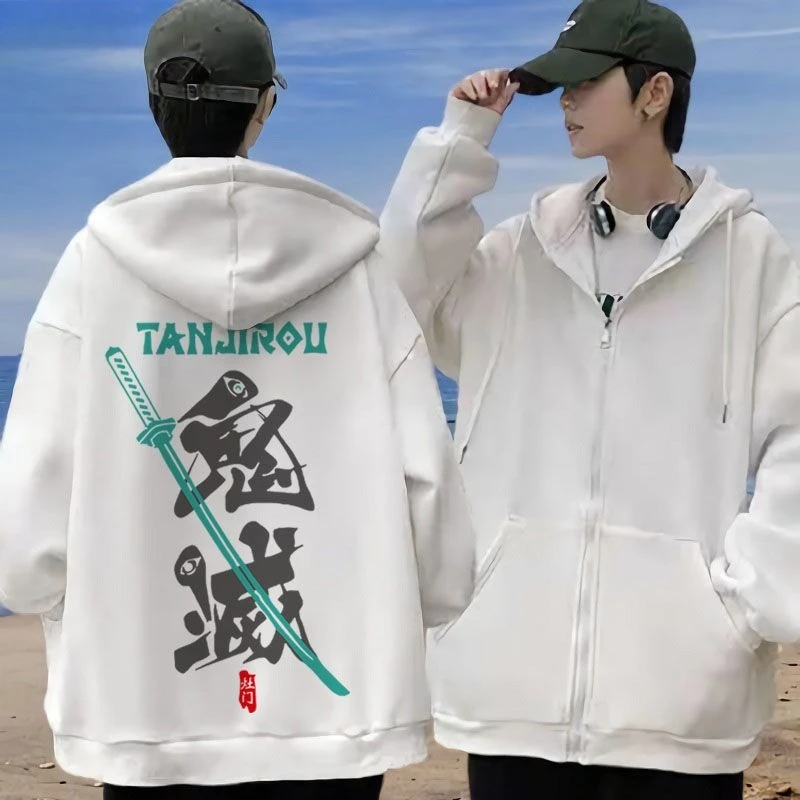 

Demon Slayer Tanjiro Kamado White Hoodie Men Anime Back Print Cotton Casual Long Sleeve Autumn Winter Streetwear Fashion