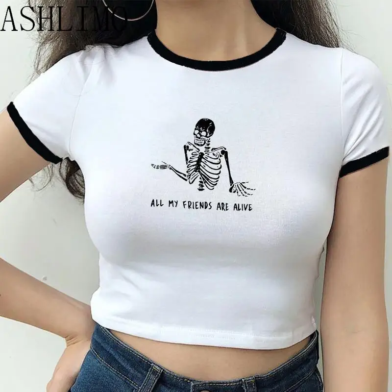 Short Sleeve Gothic Skull black edge Tee 2000s Vintage Grunge Graphic Print Sexy Womens Slim Crop Top Y2k Aesthetic Punk Summer