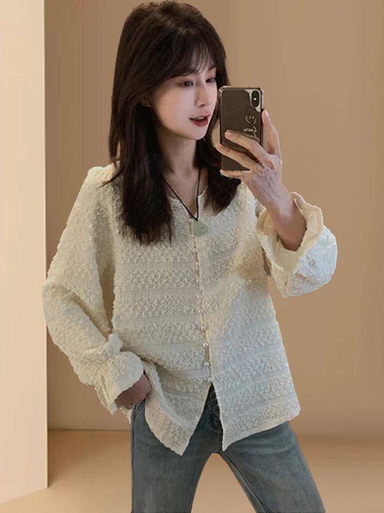 

Women's Pearl Button Long Sleeve Shirt Spring Autumn New Style High Texture Sensation Korean Version Commute Style Top