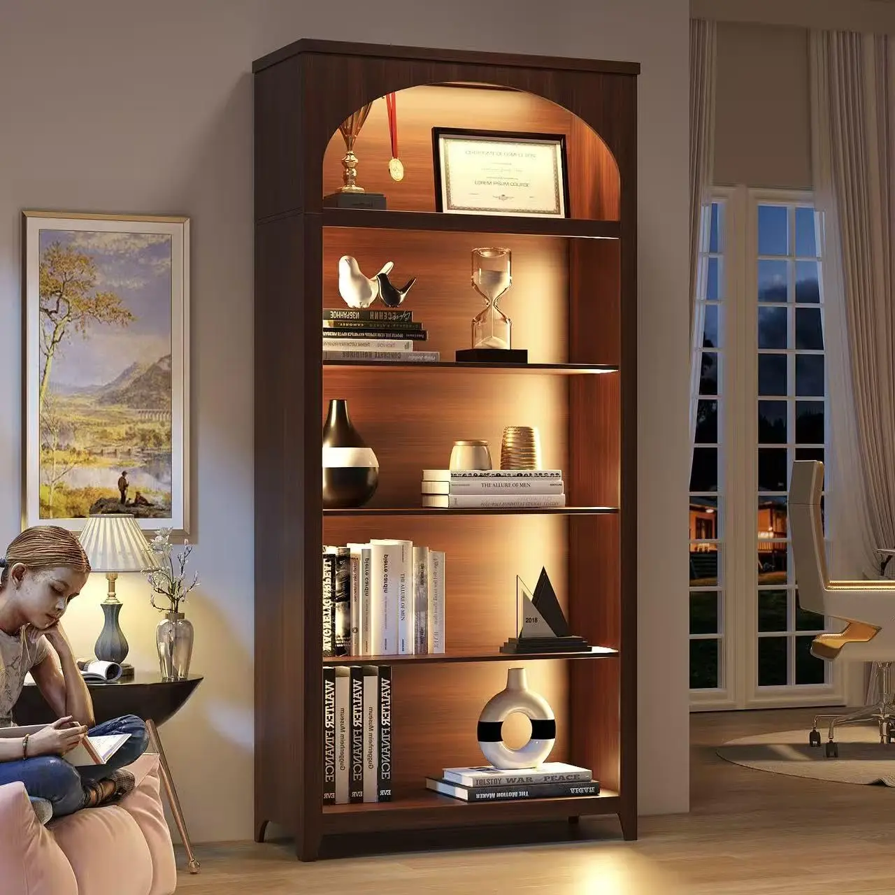 Arched Bookshelf With LED Lights 5-Tier Storage Display Organizer 70