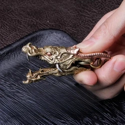 Ethnic Style Retro Brass Color Fine Carved Tricolor Dragon Head Domineering Car Keychain Multifunctional Metal Creative Gift