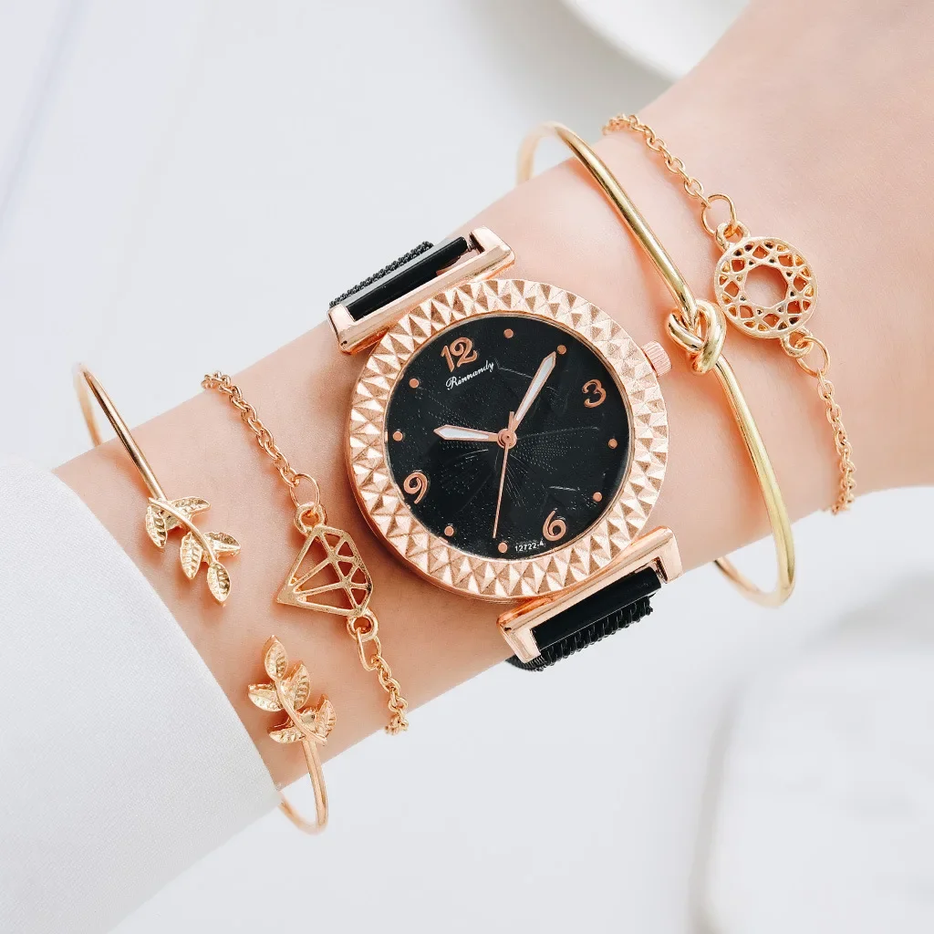 5pcs Luxury Bracelet Watch Set Women Elegant Magnet Diamond Ladies Quartz Wrist Watch Dress Pink Clock Reloj Mujer image 3