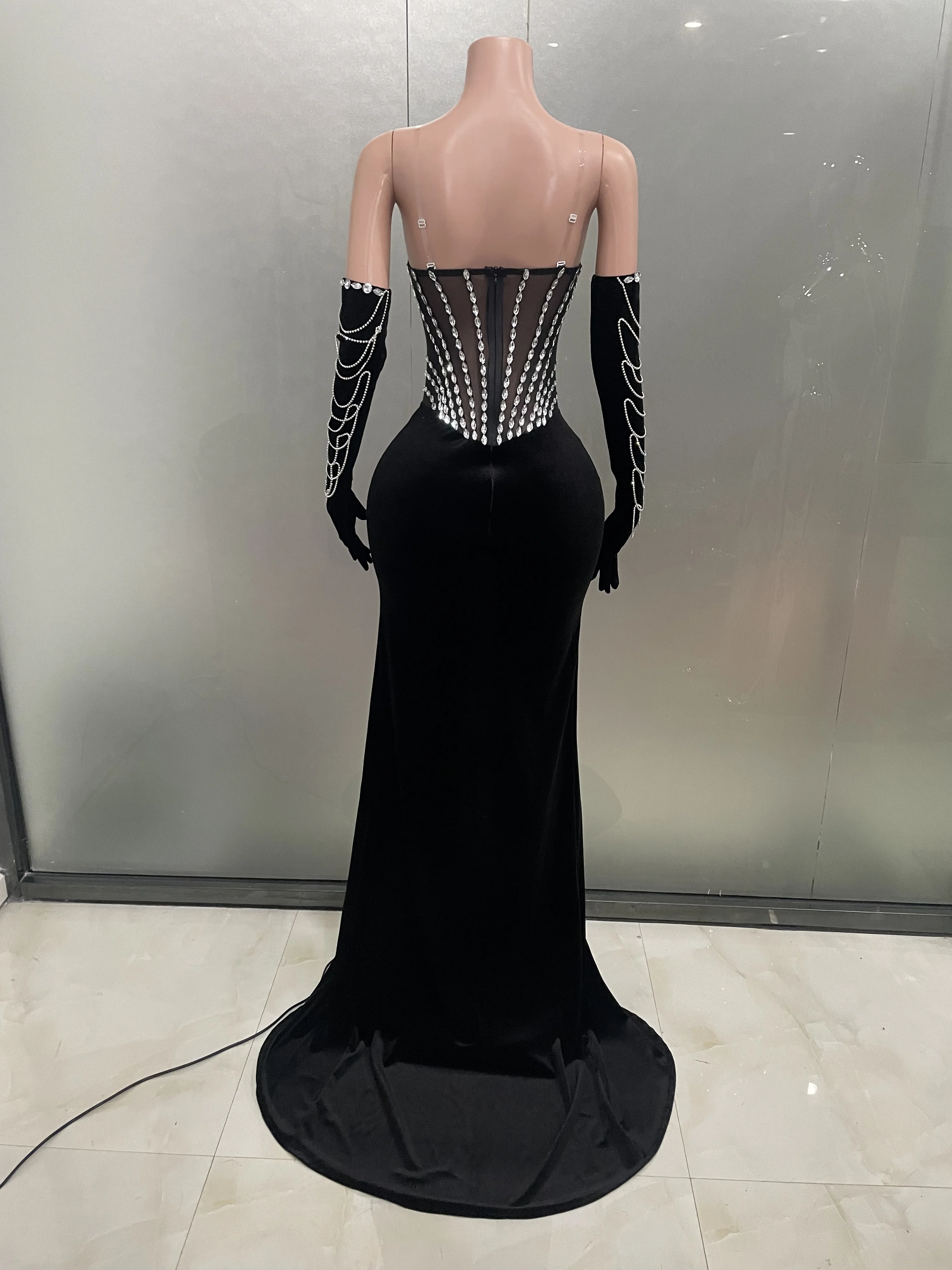 mesh dress with gloves Mesh Glove Sleeves Draped Maxi Dress Red