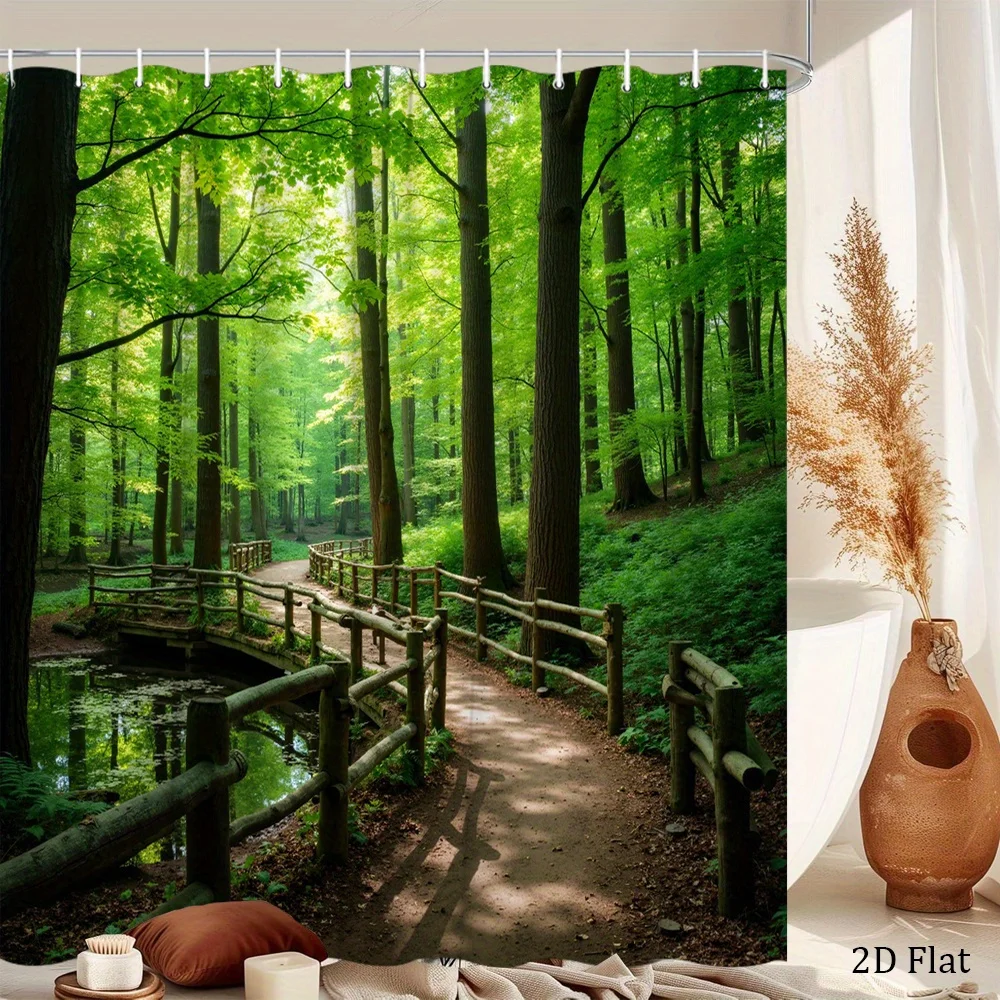 1pc Serene Forest Path Shower Curtain with Rustic Wooden Railings, Vibrant Green Trees & Tranquil Pond Scene - Polyester, 70.8x7