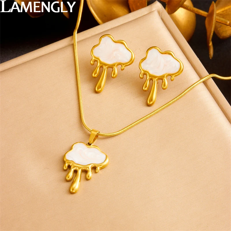 LAMENGLY New 316L Stainless Steel Cloud Water Droplet Tassels Pendant Necklace Earrings For Women Trendy Girl Jewelry Set Gift