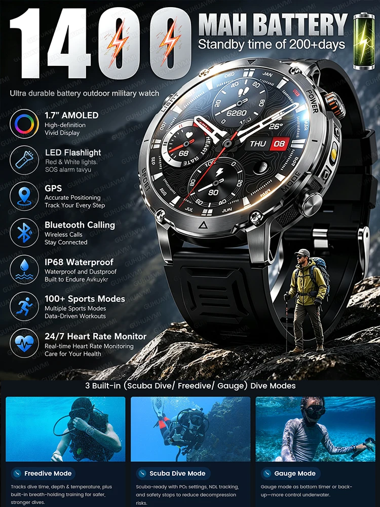 2026 TANK Ultra Neue Smartwatch mit 1400mAh Akku für Herren, GPS-Tracking, Sport-Taschenlampe, BT-Anruf, Wasserdicht, Outdoor-Militär-Smartwatch