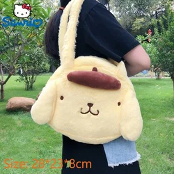 Sanrio-Bolso de mano de algodón con pompón Purin, bolsa de hombro con cremallera de dibujos animados Kawaii, Y2k Melody, otoño e invierno, bolsa de uniforme JK suave y encantadora