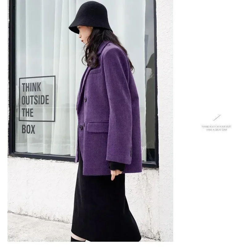 Autumn New Purple Corduroy Suit Jacket Women Spring Autumn Thick Woolen Blazer Coat Vintage High Quality Office Lady Outwear