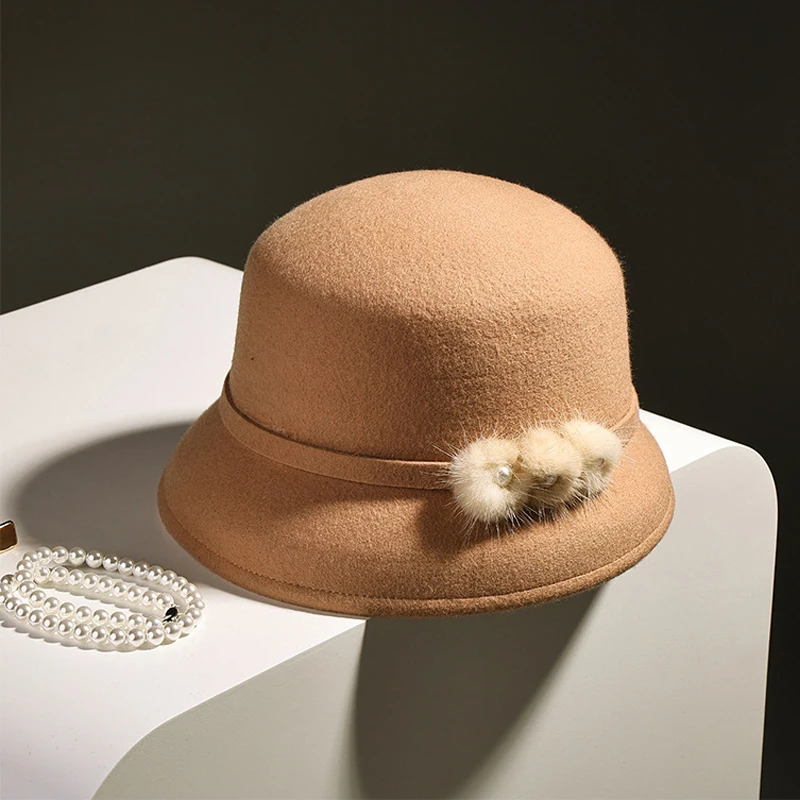

Women Bucket Hat Wool Brim Fedora Autumn Winter Warm Accessory For Outdoor