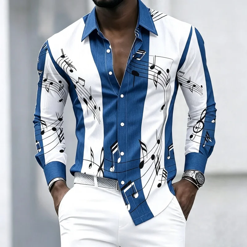 Men's collared shirt with creative musical note print, trendy long-sleeved casual top for everyday wear, dates, and outings. view 5