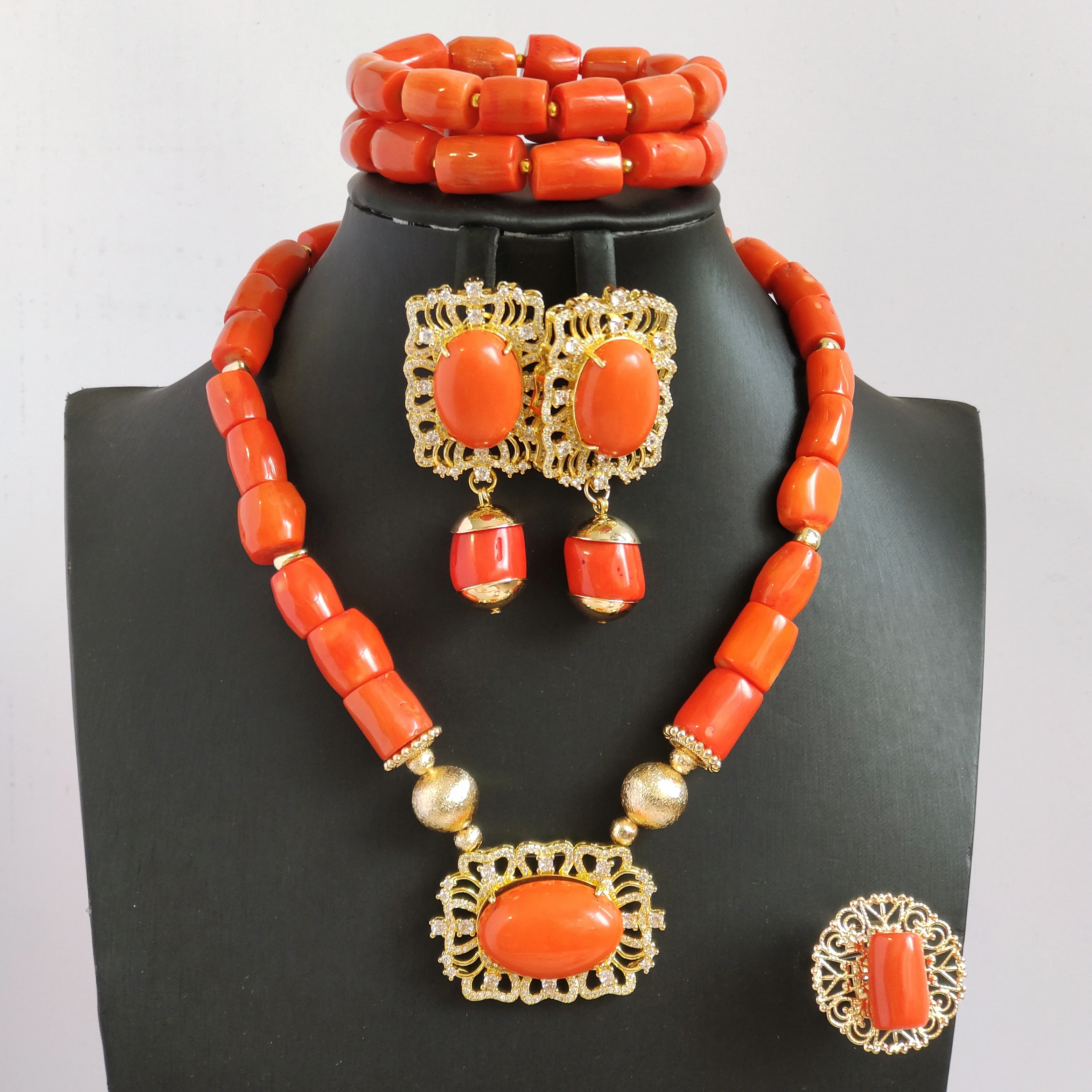 

Aczuv orange original coral beads jewelry set for woman