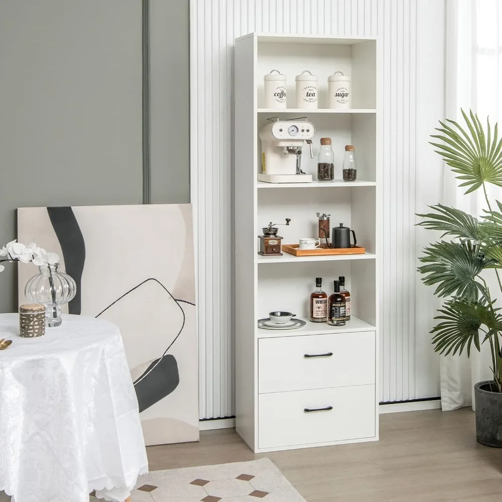 Lemari Penyimpanan Tinggi Modern 6 Tingkat dengan 2 Laci dan 4 Rak Terbuka, Rak Buku Kayu Tinggi 74 Inci untuk Rumah atau Kantor