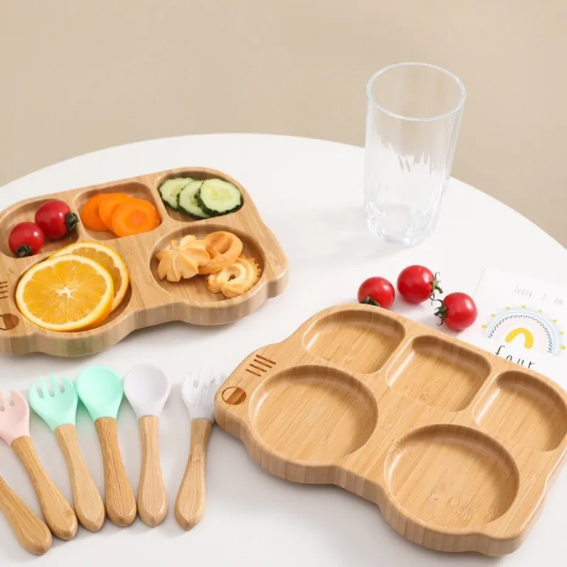 3 pz/set Baby Feeding Bamboo Dinner Plate Bowl forchetta in legno cucchiaio bambini che alimentano stoviglie in legno antiscivolo con ventosa in Silicone