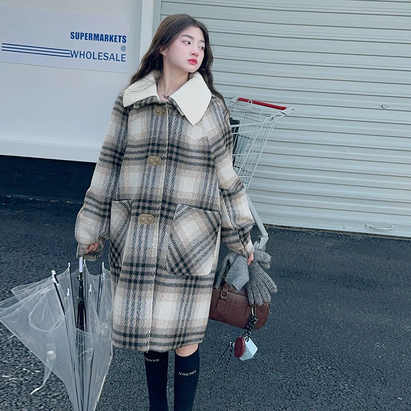 

Winter Long Coat For Girls Thick Woolen Jacket Fashion Grid Khaki Kids Outerwear Autumn Children School Clothes