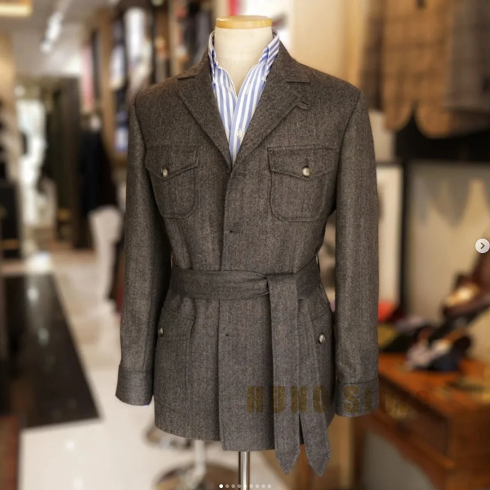 Vintage Herringbone Tweed Hunting Jacket With Belt Casual Hunting Casual Men's Blazer Single Breasted Stylish Design