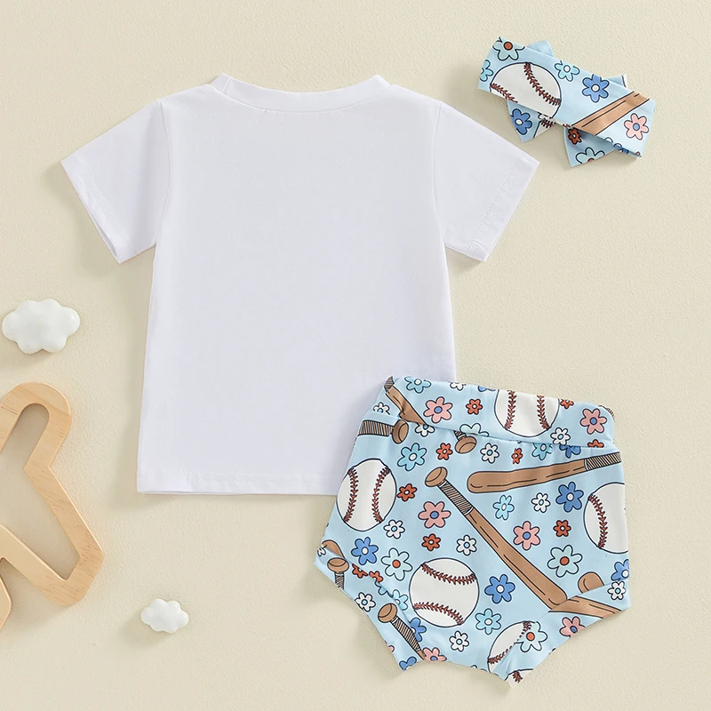 T-shirt à Manches Courtes et Col Ras du Cou pour Bébé Fille, Tenue de Baseball avec Lettres Imprimées, Bandeau de Sauna Court pour Nouveau-Né, 3 Pièces