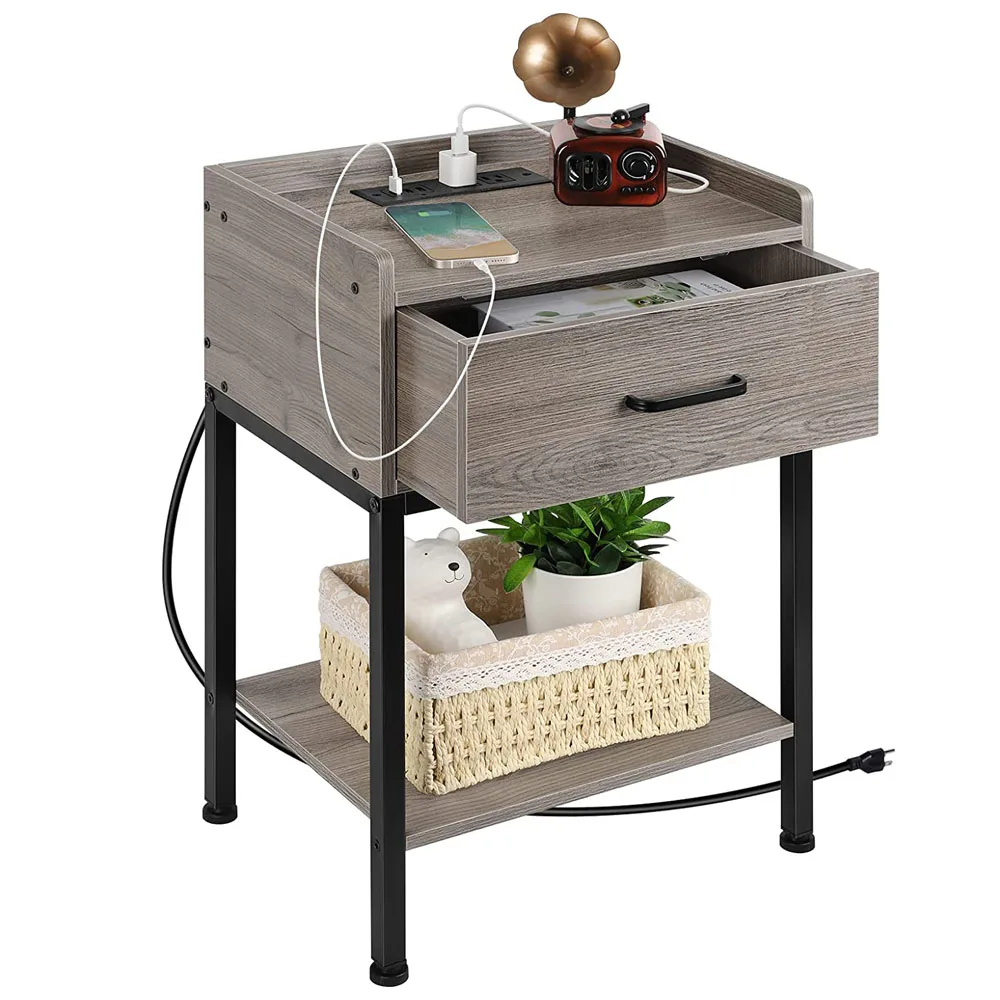 Modern 2-Tier Nightstand End Side Table with USB Charging Station & Storage Drawer