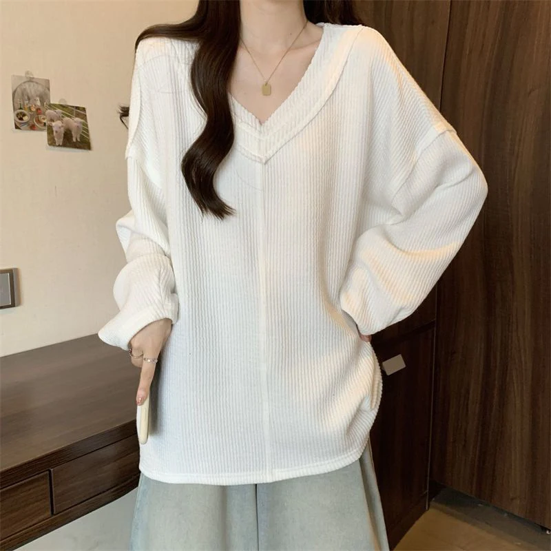 

Fall Women V Neck Long Sleeve T Shirts Laid-back Style Korean Fashion Chic Casual Simple 2xl Oversized Clothing Tops Black White