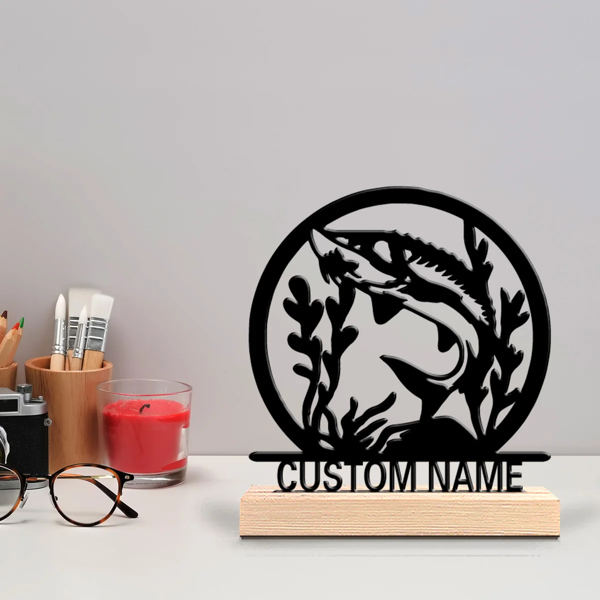 1pc Fun Personalized Custom Sturgeon Metal Statues With Wooden Base Tabletop Decoration Nautical Desk Art with Wooden Base, Perf